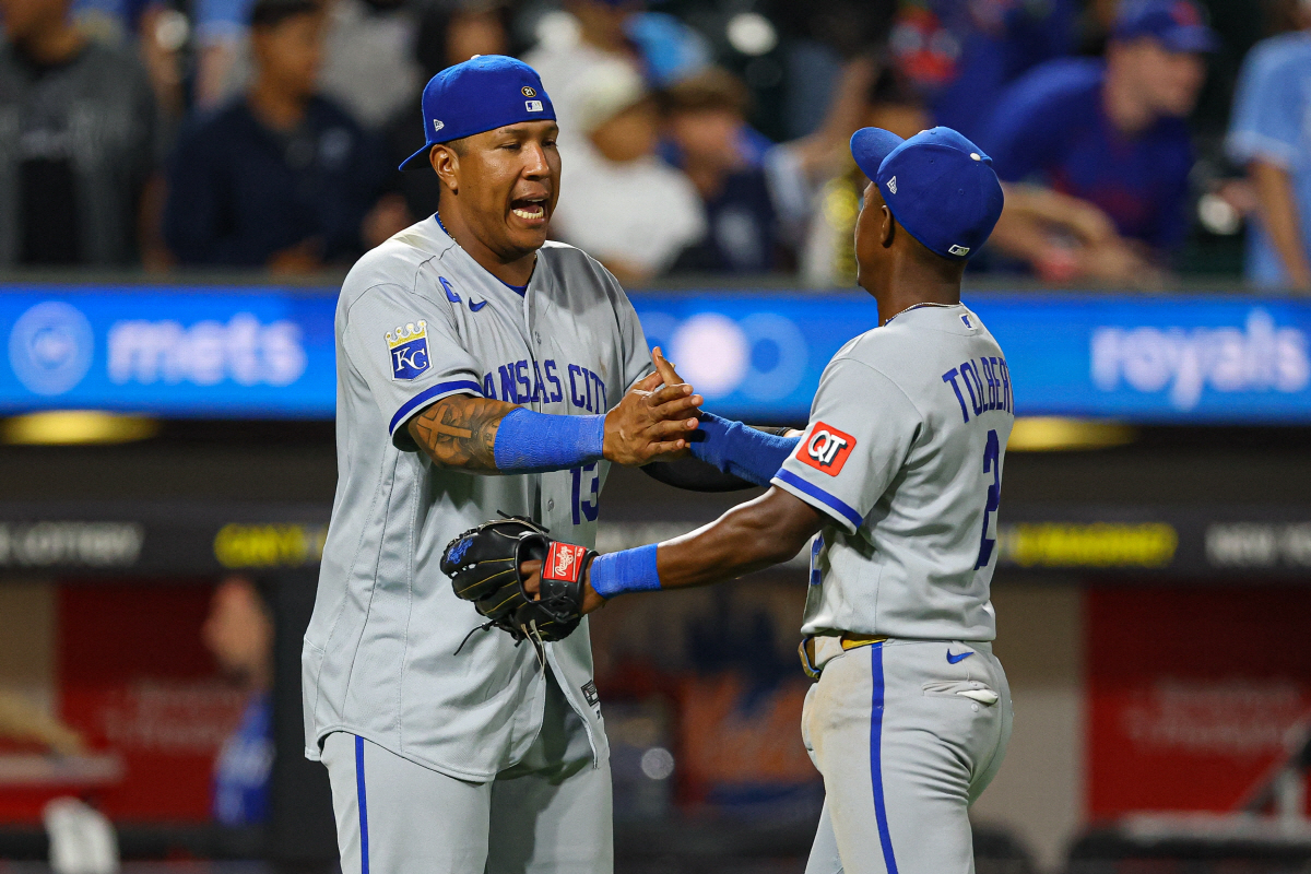 Jul 7, 2026; New York City, New York, USA; Kansas City Royals second baseman Michael Massey (19) celebrates with second baseman Tyler Tolbert (2) after drafting the New York Mets at Citi Field. Mandatory Credit: Vincent Carchietta-Imagn Images