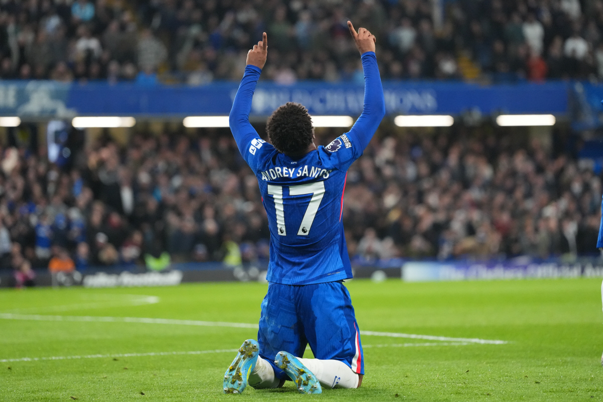Chelsea's Andrey Santos celebrates after scoring during a Premier League soccer match between Chelsea and Tottenham in London, Tuesday, May 19, 2026. (AP Photo/Kirsty Wigglesworth)