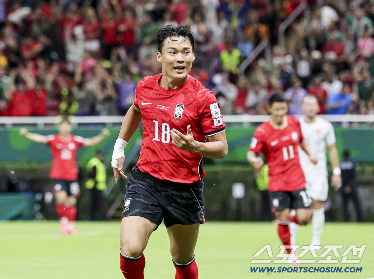 12일(한국시각) 멕시코 과달라하라 사포판의 에스타디오 과달라하라에서 열린 2026 북중미월드컵 대한민국과 체코의 경기. 결승골을 넣은 오현규가 환호하고 있다. 사포판(멕시코)=허상욱 기자 wook@sportschosun.com/2026.06.12/