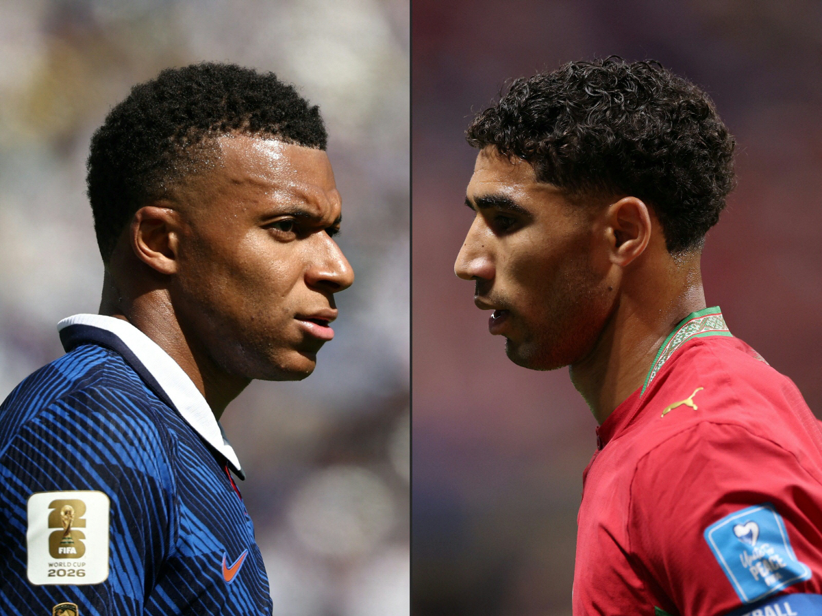 This combination of pictures created on July 07, 2026 shows France's forward #10 Kylian Mbappe reacting at the New York/New Jersey Stadium in East Rutherford on June 16, 2026, and Morocco's defender #02 Achraf Hakimi looking on at Atlanta Stadium on June 24, 2026. France and Morocco will meet in a 2026 World Cup quarter-final football match at Boston Stadium in Foxborough on July 9, 2026. (Photo by FRANCK FIFE and Darrian Traynor / various sources / AFP)
