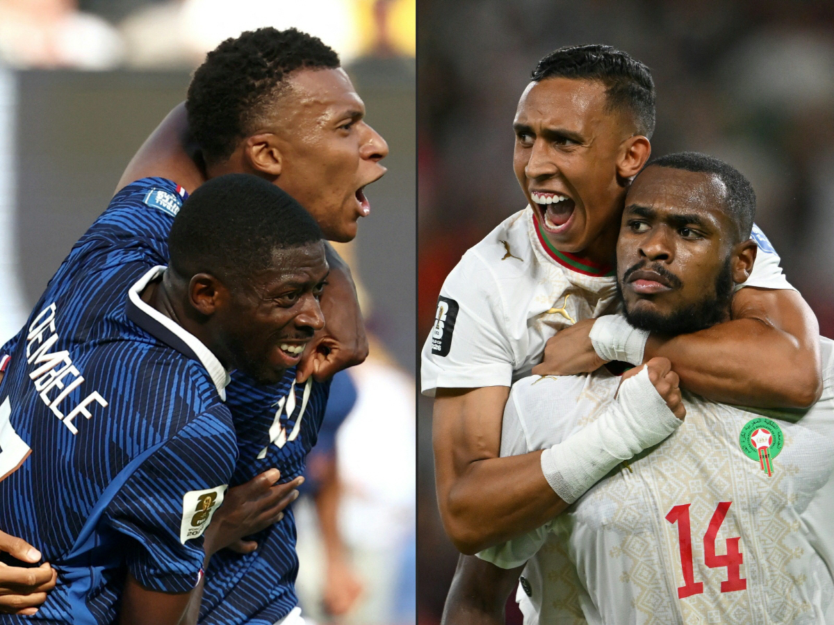 This combination of pictures created on July 07, 2026 showsFrance's forward #10 Kylian Mbappe (R) celebrating scoring his team's first goal with forward #07 Ousmane Dembele at the New York/New Jersey Stadium in East Rutherford on June 30, 2026, and Morocco's defender #14 Issa Diop celebrating scoring his team's first goal with Morocco's forward #09 Soufiane Rahimi at the Monterrey Stadium in Guadalupe on June 29, 2026.. France and Morocco will meet in a 2026 World Cup quarter-final football match at Boston Stadium in Foxborough on July 9, 2026. (Photo by FRANCK FIFE and CARL DE SOUZA / AFP)