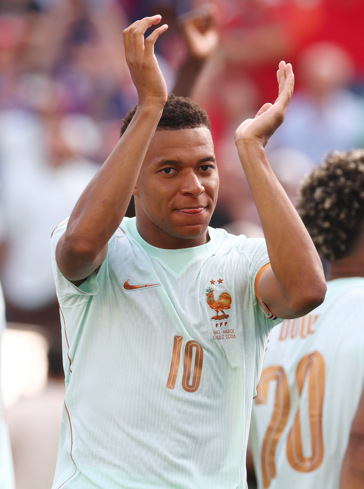 Kylian Mbappe of France celebrates after France defeated Morocco 2-0 in a Quarter-final FIFA World Cup match against Morocco at Boston Stadium in Foxborough, Massachusetts, on Thursday, July 9, 2026. France advances to the semi-finals. Photo by Christian Brunskill/UPI