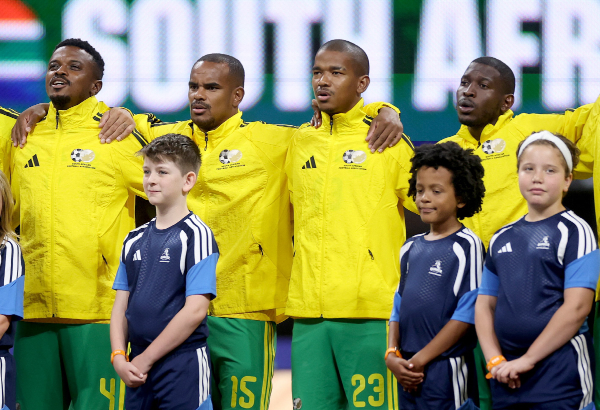 ATLANTA, GEORGIA - JUNE 18: Jayden Adams #23 of South Africa is seen with team mates during the national anthem prior to the FIFA World Cup 2026 Group A match between Czechia and South Africa at Atlanta Stadium on June 18, 2026 in Atlanta, Georgia. Lars Baron/Getty Images/AFP (Photo by Lars Baron / GETTY IMAGES NORTH AMERICA / Getty Images via AFP)