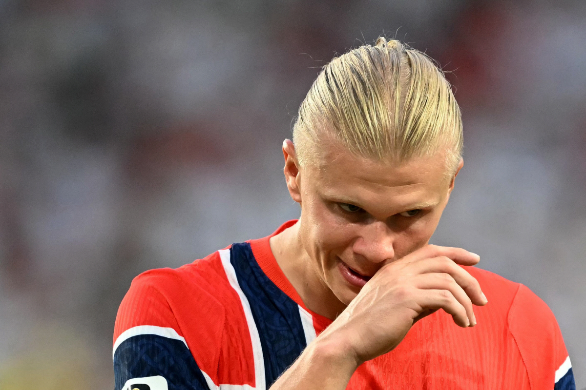Norway's forward #09 Erling Braut Haaland reacts after losing the 2026 World Cup football tournament quarter-final match between Norway and England at Miami Stadium in Miami Gardens on July 11, 2026. (Photo by CHANDAN KHANNA / AFP)