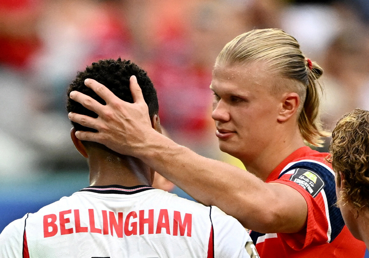 Soccer Football - FIFA World Cup 2026 - Quarter Final - Norway v England - Miami Stadium, Miami Gardens, Florida, U.S. - July 11, 2026 Norway's Erling Haaland reacts with England's Jude Bellingham REUTERS/Dylan Martinez TPX IMAGES OF THE DAY