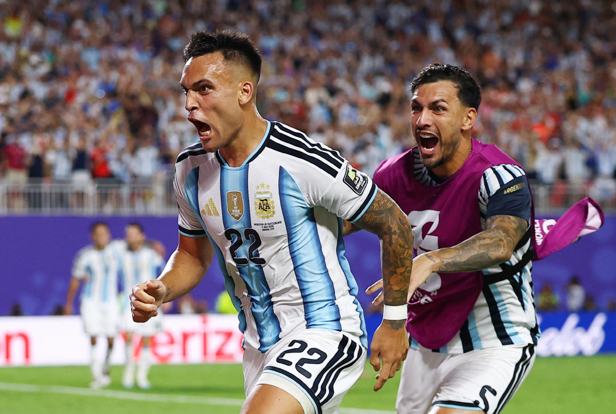 Soccer Football - FIFA World Cup 2026 - Quarter Final - Argentina v Switzerland - Kansas City Stadium, Kansas City, Missouri, U.S. - July 11, 2026 Argentina's Lautaro Martinez celebrates scoring their third goal REUTERS/Agustin Marcarian