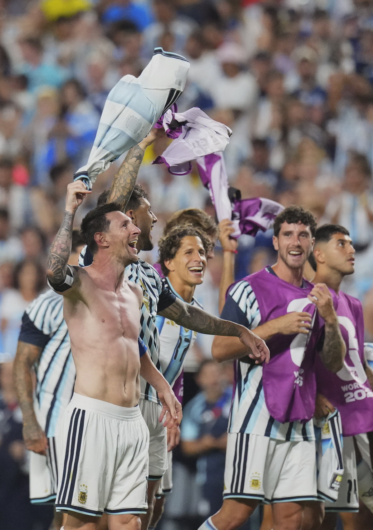 (260712) -- KANSAS CITY, July 12, 2026 (Xinhua) -- Lionel Messi (front) of Argentina celebrates after the quarter final match between Argentina and Switzerland at the 2026 FIFA World Cup at the Kansas City Stadium in Kansas City, the United States, July 11, 2026. (Xinhua/Xu Chang)