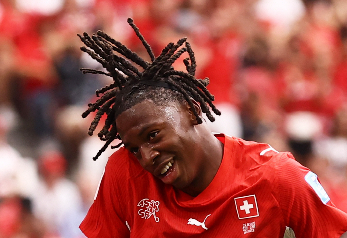 Soccer Football - FIFA World Cup 2026 - Group B - Switzerland v Canada - BC Place, Vancouver, Canada - June 24, 2026 Switzerland's Johan Manzambi celebrates scoring their second goal REUTERS/Lee Smith