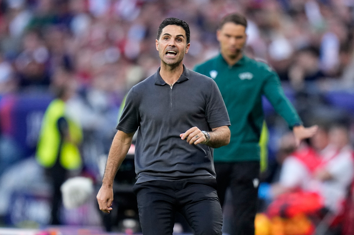 Arsenal's manager Mikel Arteta reacts during the Champions League final soccer match between Paris Saint-Germain and Arsenal in Budapest, Hungary, Saturday, May 30, 2026. (AP Photo/Petr Josek)