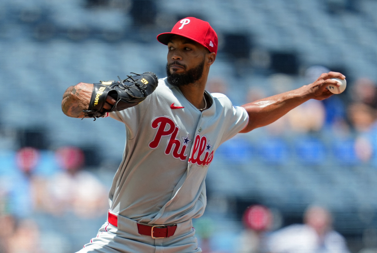 Jul 6, 2026; Kansas City, Missouri, USA; Philadelphia Phillies pitcher Cristopher Sanchez (61) pitches during the first inning against the Kansas City Royals at Kauffman Stadium. Mandatory Credit: Jay Biggerstaff-Imagn Images