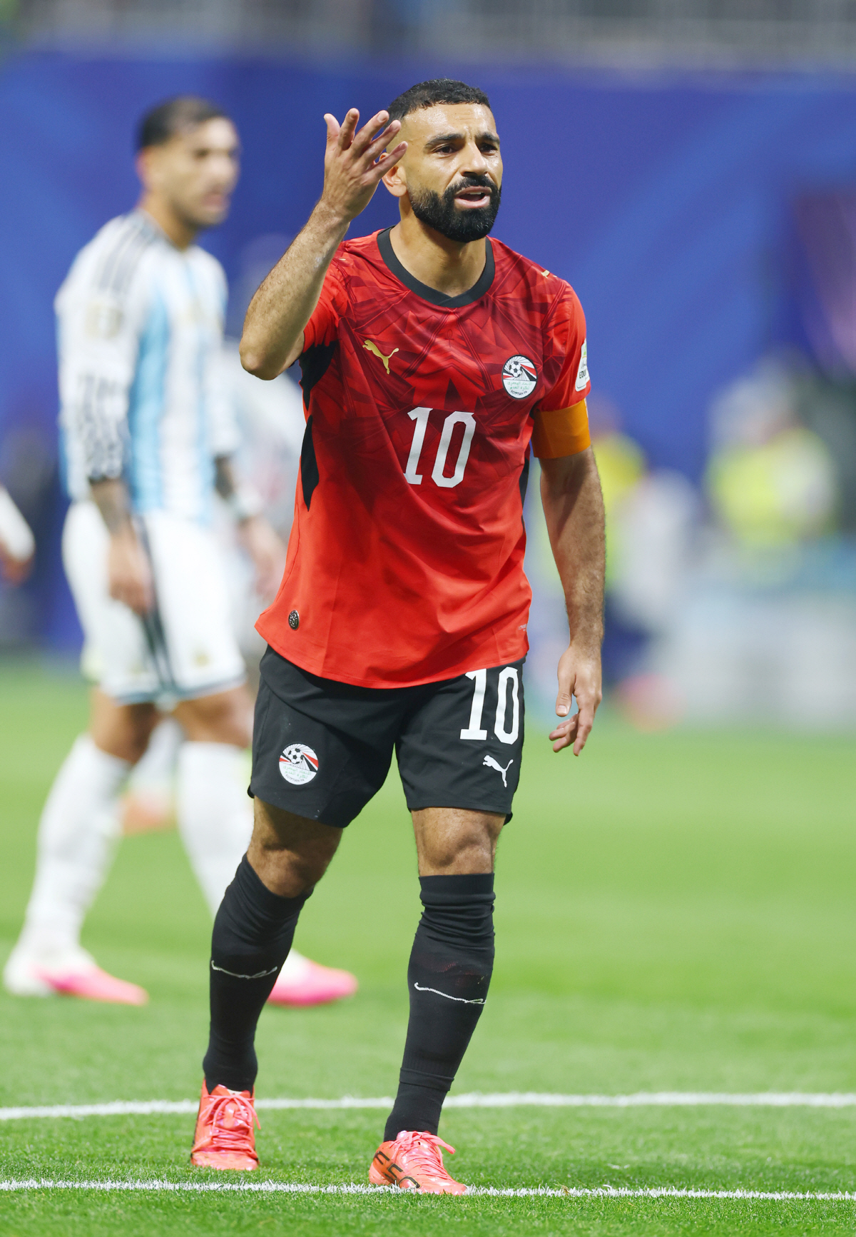 Egypt's Mohamed Salah appeals to the referee for a foul in the first half of a Round of 16 FIFA World Cup match against Argentina at Atlanta Stadium in Atlanta, Georgia, on Tuesday, July 7, 2026. Photo by Christian Brunskill/UPI