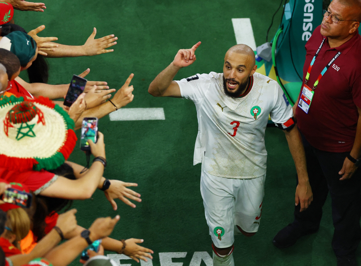 Soccer Football - FIFA World Cup 2026 - Round of 32 - Netherlands v Morocco - Estadio Monterrey, Monterrey, Mexico - June 29, 2026 Morocco's Noussair Mazraoui celebrates after the match as Morocco qualify for the round of 16 stage of the World Cup REUTERS/Raquel Cunha
