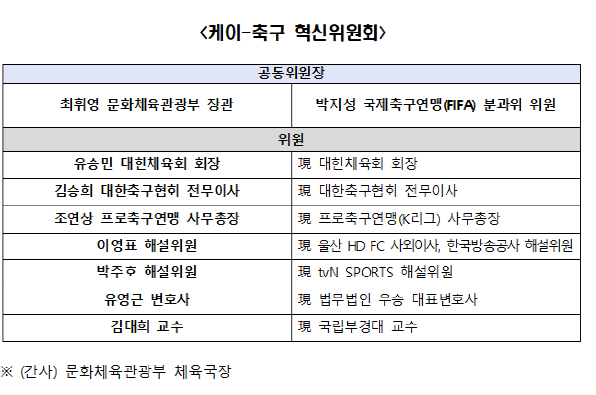 당초 최휘영 문체부 장관과 박지성 위원장이 공동위원장이었으나 최 장관이 첫 회의에서 유승민 대한체육회장에게 공동위원장 자리를 넘겼다.