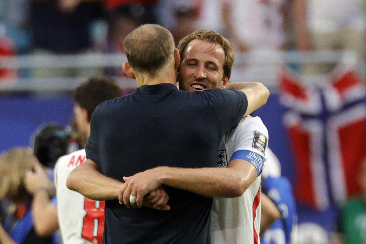epa13106014 England's head coach Thomas Tuchel (L) celebrates with his player Harry Kane (R) after winning the FIFA World Cup 2026 quarterfinals match Norway against England, in Miami, Florida, USA, 11 July 2026. EPA/SHAWN THEW