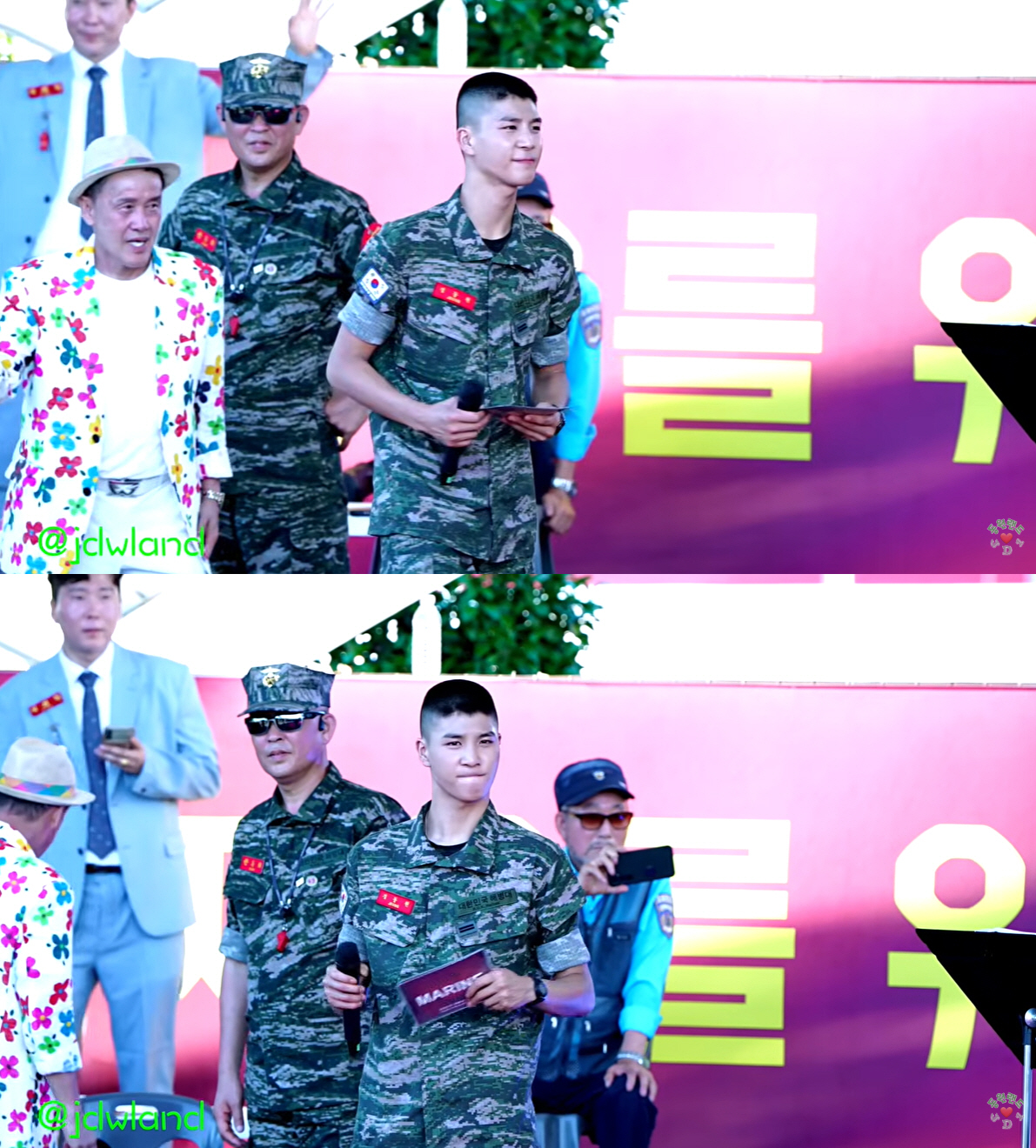 Jeong Dong-won’s boyish face is gone, replaced by a sharp Marine Corps look... a dramatic transformation into broad Pacific shoulders