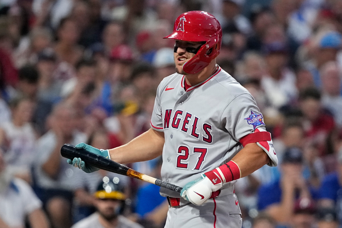 Los Angeles Angels' Mike Trout strikes out against Philadelphia Phillies' Cristopher Sanchez during the first inning of the MLB baseball All-Star Game between the American League and National League, Tuesday, July 14, 2026, in Philadelphia. (AP Photo/Matt Slocum)
