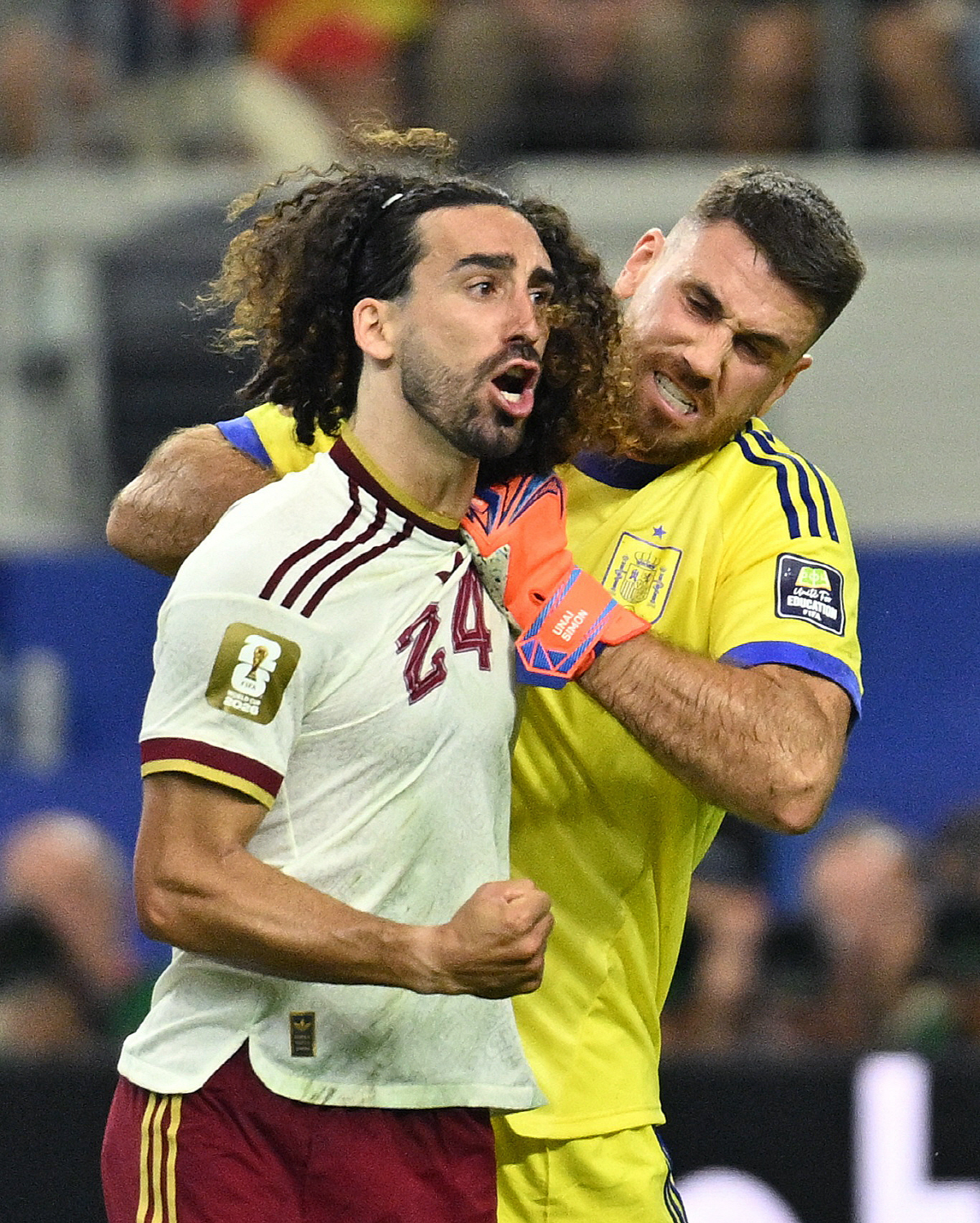 Soccer Football - FIFA World Cup 2026 - Semi Final - France v Spain - Dallas Stadium, Arlington, Texas, U.S. - July 14, 2026 Spain's Marc Cucurella and Unai Simon react IMAGN IMAGES via Reuters/Jerome Miron