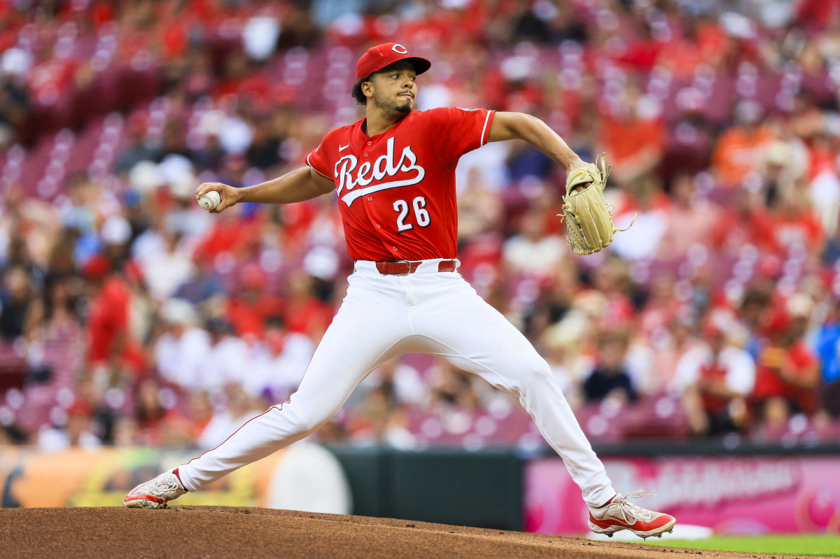 Jul 8, 2026; Cincinnati, Ohio, USA; Cincinnati Reds starting pitcher Chase Burns (26) pitches against the Philadelphia Phillies in the first inning at Great American Ball Park. Mandatory Credit: Katie Stratman-Imagn Images