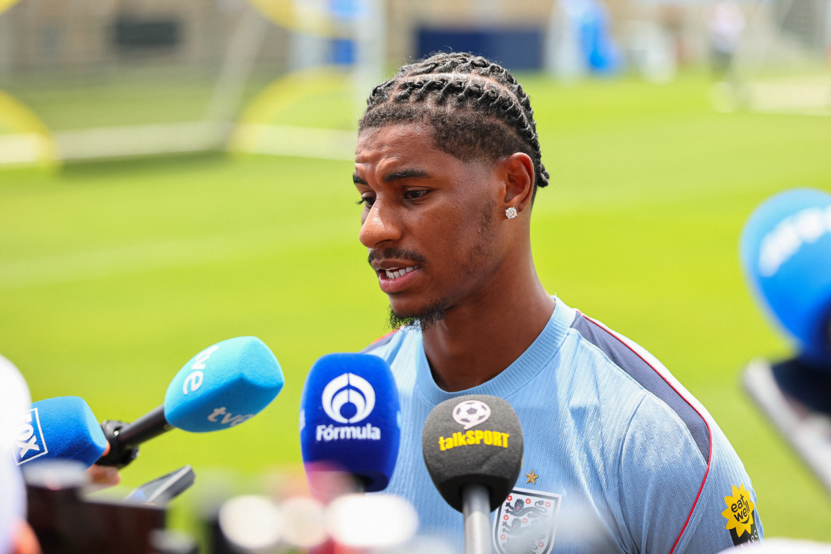 KANSAS CITY, KANSAS - JULY 3: Marcus Rashford #11 of England speaks to the media during a press conference at Swope Soccer Village on July 3, 2026 in Kansas City, Kansas. Kyle Rivas/Getty Images/AFP (Photo by Kyle Rivas / GETTY IMAGES NORTH AMERICA / Getty Images via AFP)
