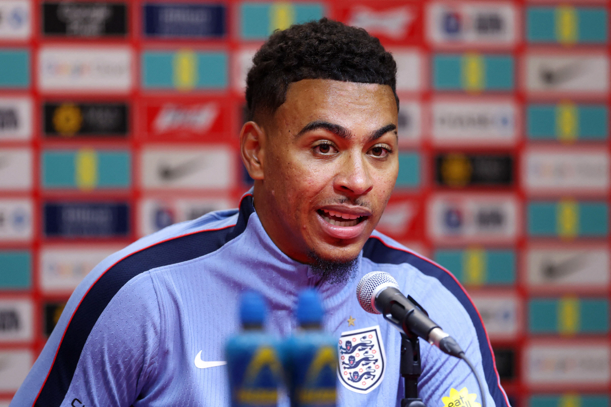 KANSAS CITY, MISSOURI - JULY 08: Morgan Rogers #17 of England speaks to the media during an England Press Conference on July 08, 2026 in Kansas City, Missouri. Richard Pelham/Getty Images/AFP (Photo by Richard Pelham / GETTY IMAGES NORTH AMERICA / Getty Images via AFP)
