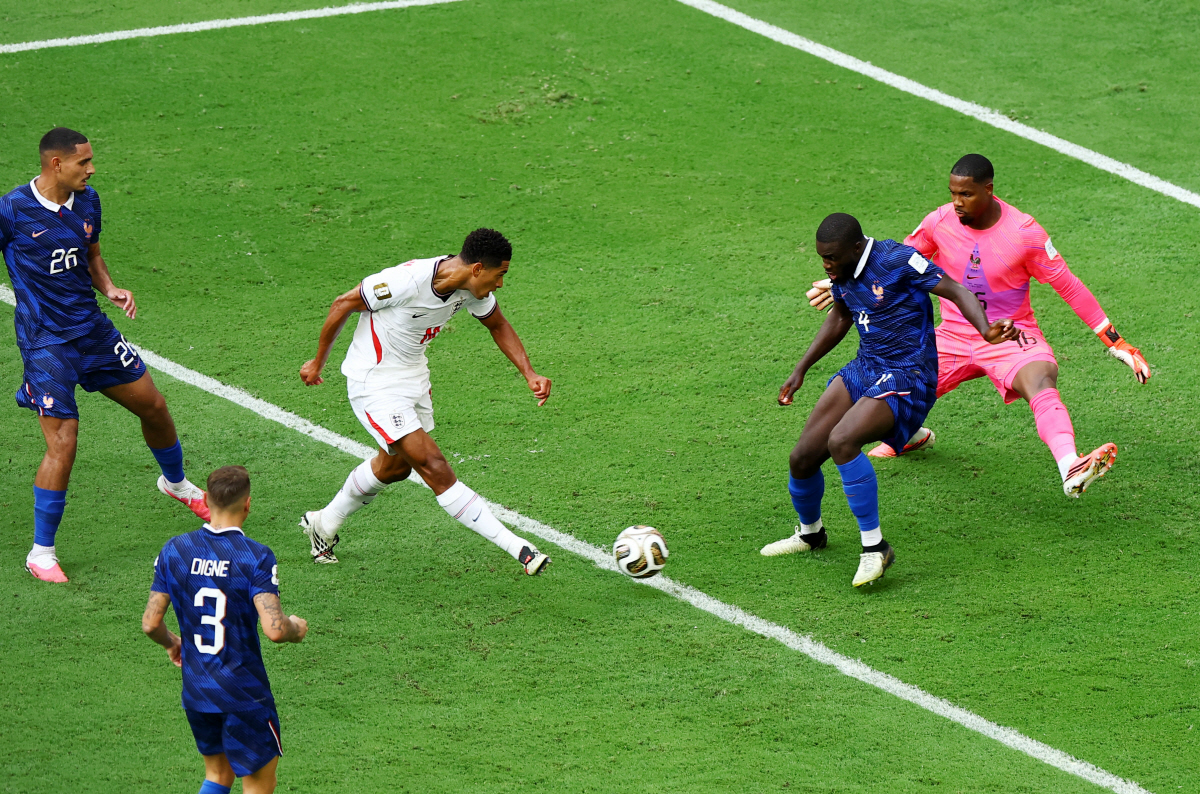 Soccer Football - FIFA World Cup 2026 - Bronze Final - France v England - Miami Stadium, Miami Gardens, Florida, U.S. - July 18, 2026 England's Jude Bellingham scores their sixth goal REUTERS/Marco Bello