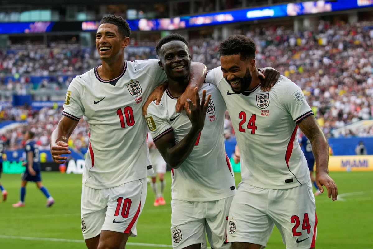 England's Bukayo Saka (7) celebrates scoring his side's 5th goal from the penalty spot during the World Cup third-place playoff soccer match between France and England in Miami Gardens, Fla., Saturday, July 18, 2026. (AP Photo/Lynne Sladky)