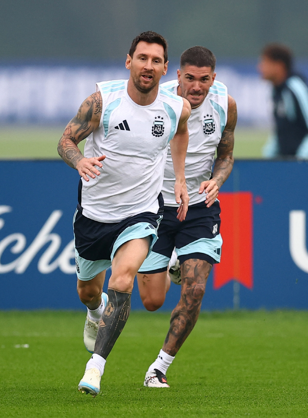 Soccer Football - FIFA World Cup 2026 - Final - Argentina Training - Red Bulls Academy, Morristown, New Jersey, U.S. - July 18, 2026 Argentina's Lionel Messi and Rodrigo De Paul during training REUTERS/Agustin Marcarian