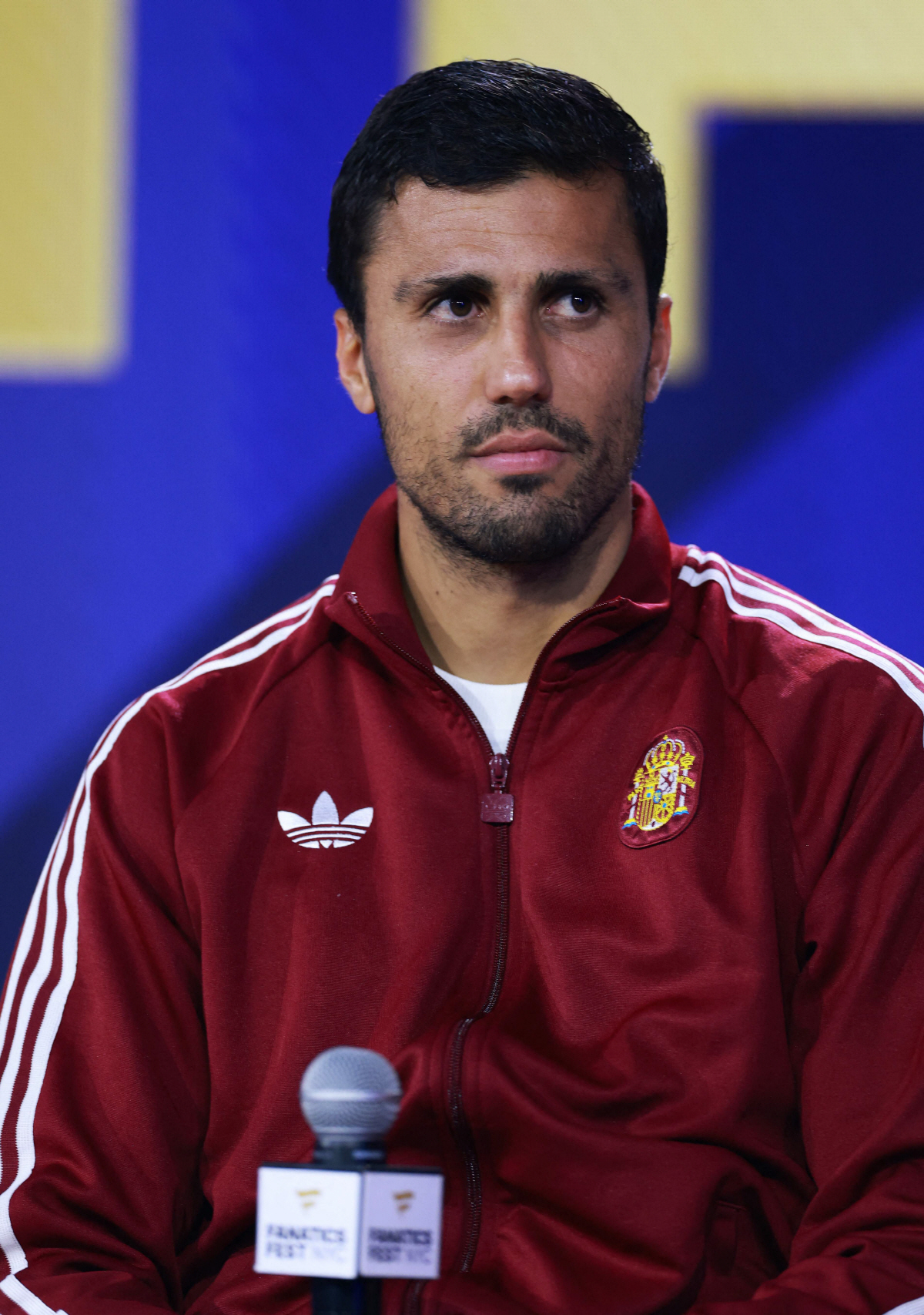NEW YORK, NEW YORK - JULY 17: Rodri #16 of Spain speaks during a press conference ahead of the FIFA World Cup 2026 Final at Fanatics Fest at Javits Center on July 17, 2026 in New York, New York. Elsa/Getty Images/AFP (Photo by ELSA / GETTY IMAGES NORTH AMERICA / Getty Images via AFP)