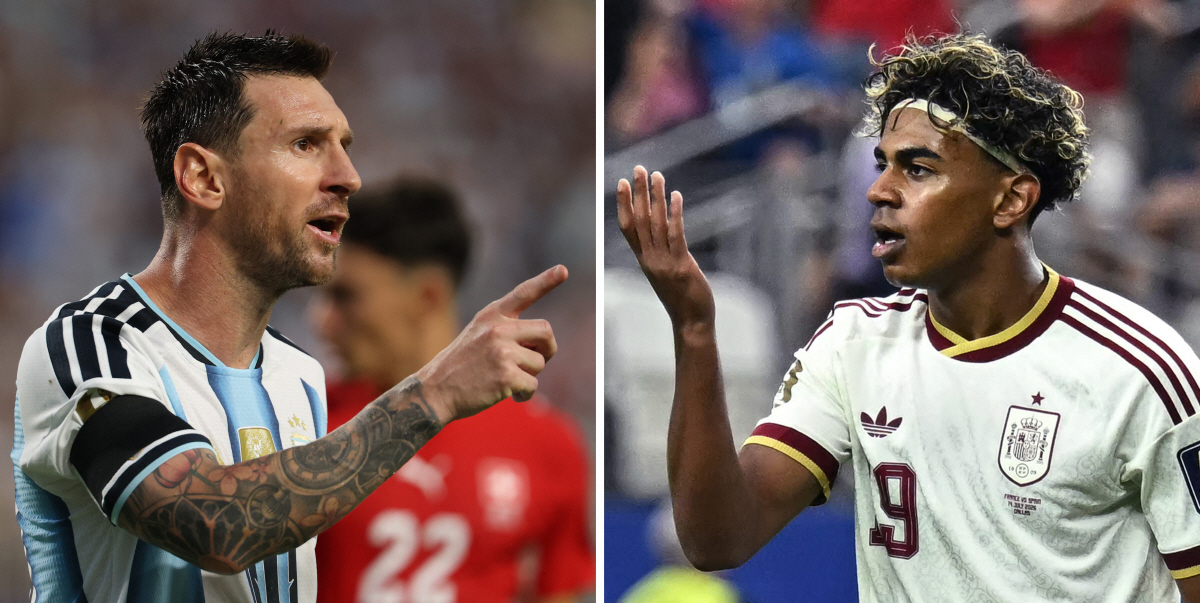 (COMBO) This combination of file photos created on July 16, 2026, shows Argentina's forward #10 Lionel Messi in Kansas City on July 11, 2026 (L); and Spain's forward #19 Lamine Yama in Arlington on July 14, 2026. Spain and Argentina will meet in the 2026 World Cup football tournament final match at the New York/New Jersey Stadium in East Rutherford on July 19, 2026. (Photo by Odd ANDERSEN and Paul ELLIS / AFP)