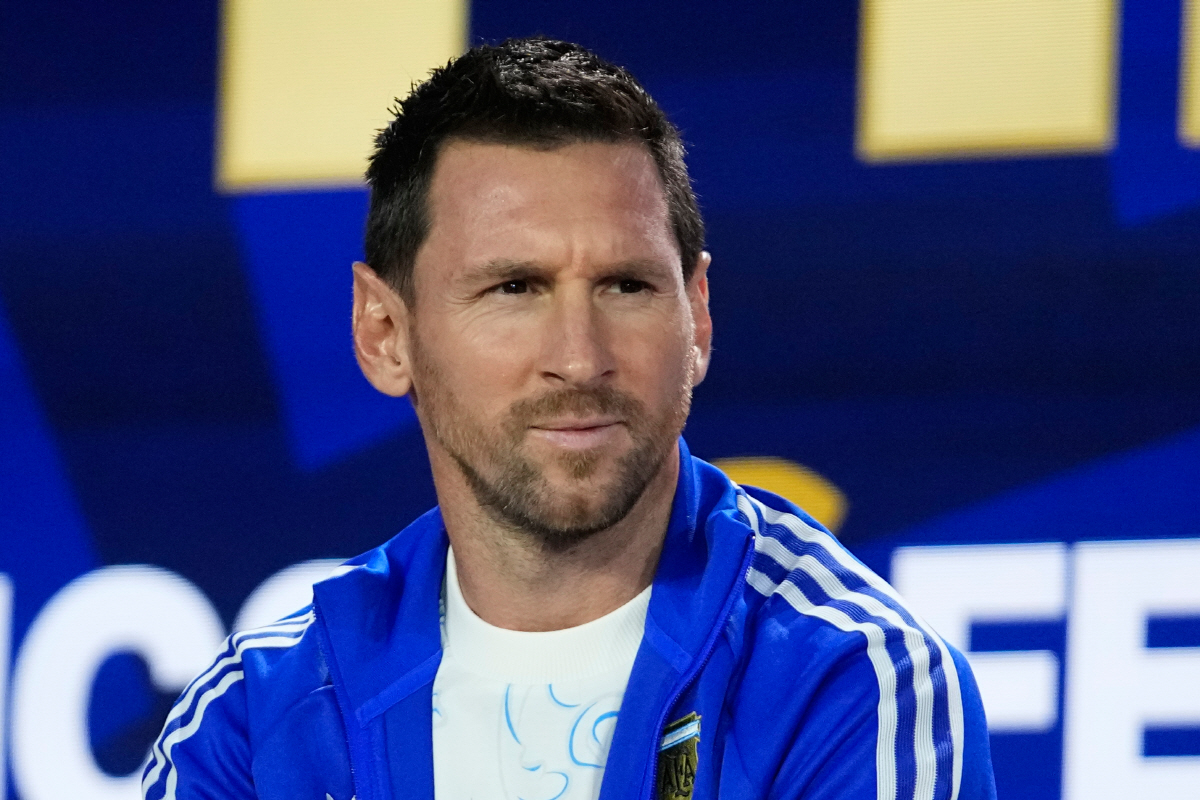 Argentina's Lionel Messi watches during a news conference ahead of the World Cup final soccer match between Spain and Argentina in New York, Friday, July 17, 2026. (AP Photo/Frank Franklin II)