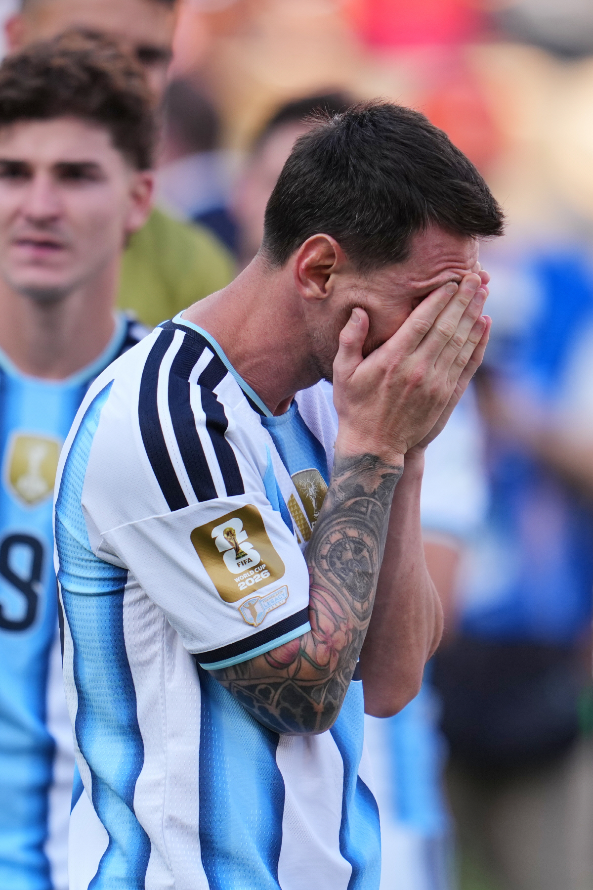 Argentina's Lionel Messi (10) reacts to the team's loss in the World Cup final soccer match between Spain and Argentina in East Rutherford, N.J., near New York, Sunday, July 19, 2026. (AP Photo/Abbie Parr)