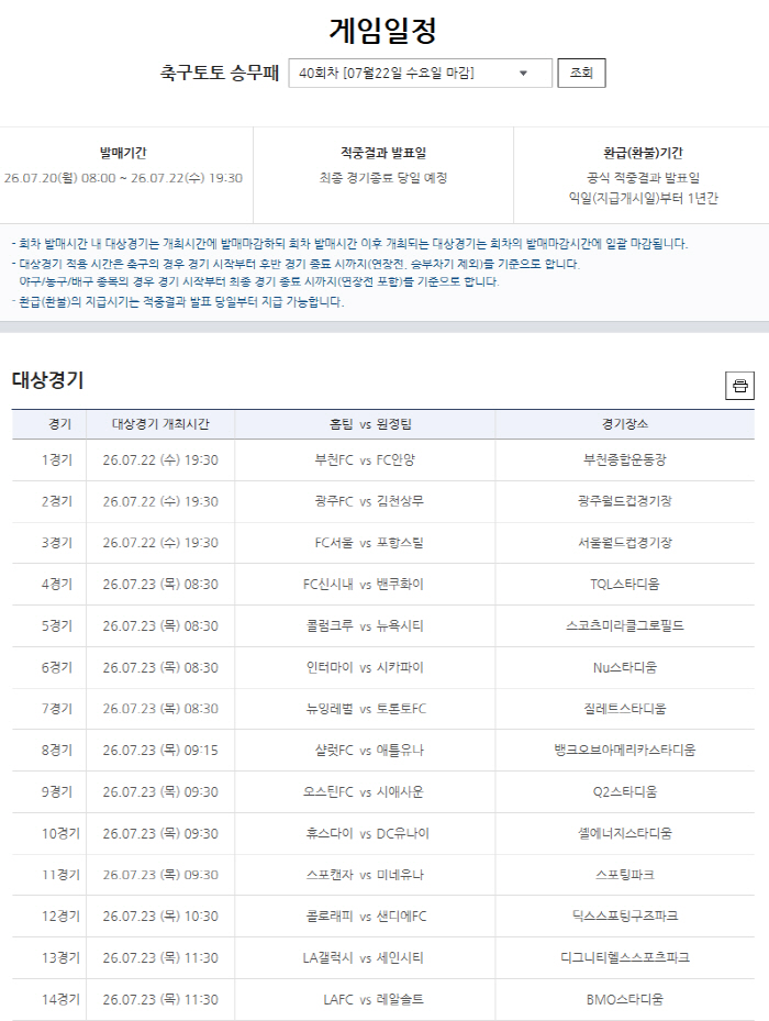 축구토토 승무패 39회차도 1등 없었다. 2회 연속 이월…10억여원 40회차로, 40회차 K리그1 3경기+MLS 11경기 대상