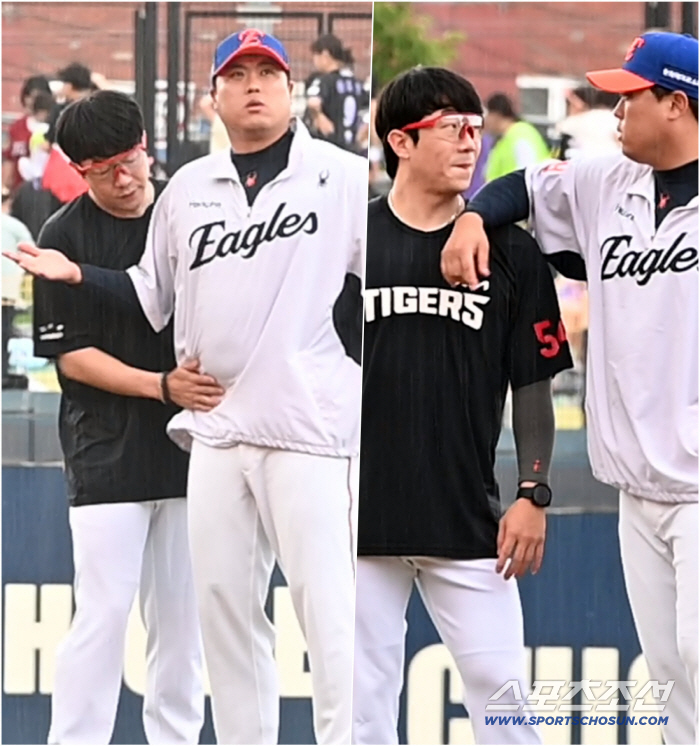 날벼락 같은 폭우도 못 막았다! 류현진·양현종 '에이스 재회'... 비 맞으면서도 안 떨어지는 두 레전드 '수다 무한반복'