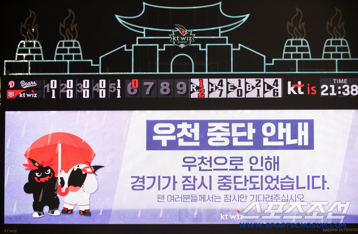21일 수원KT위즈파크에서 열린 KT와 두산의 경기가 오후 8시 24분 우천 중단됐다. 수원=박재만 기자 pjm@sportschosun.com/2026.07.21/
