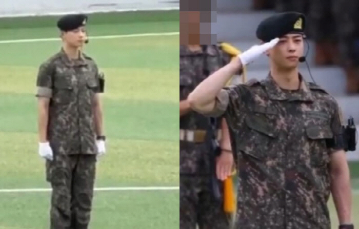 차은우, 칼각 경례→우렁찬 목소리...훈련병 대표로 신고식 지휘