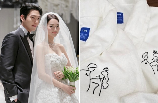 '김우빈♥' 신민아, 직접 그린 신랑·신부 '커플 샤워가운'에 딱..사진집 선물까지 “감동”